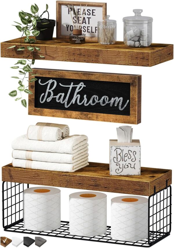 QEEIG ‎Bathroom Shelves Over Toilet - Paper Storage Wall Mounted Farmhouse Decor Decorations Aesthetic Décor Sign Small Floating Wall Shelf 2+1 Set 16 inch, Rustic Brown (020BN)