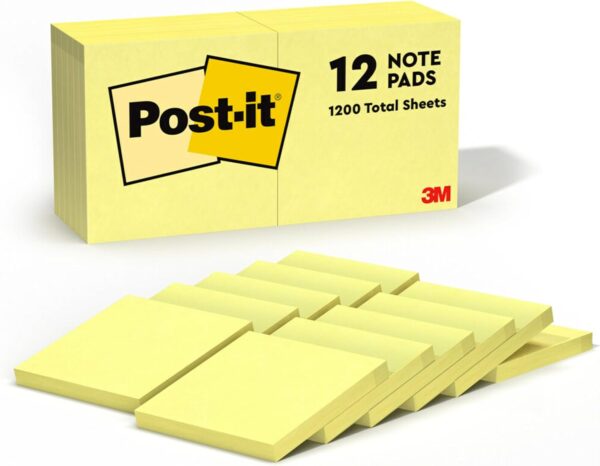 Post-it Notes, 12 Sticky Note Pads, 3 in. x 3 in., School Supplies for College Students and K-12 Teachers, Easy to Reposition Memo Pads Set, Great for Books and Paper, Canary Yellow